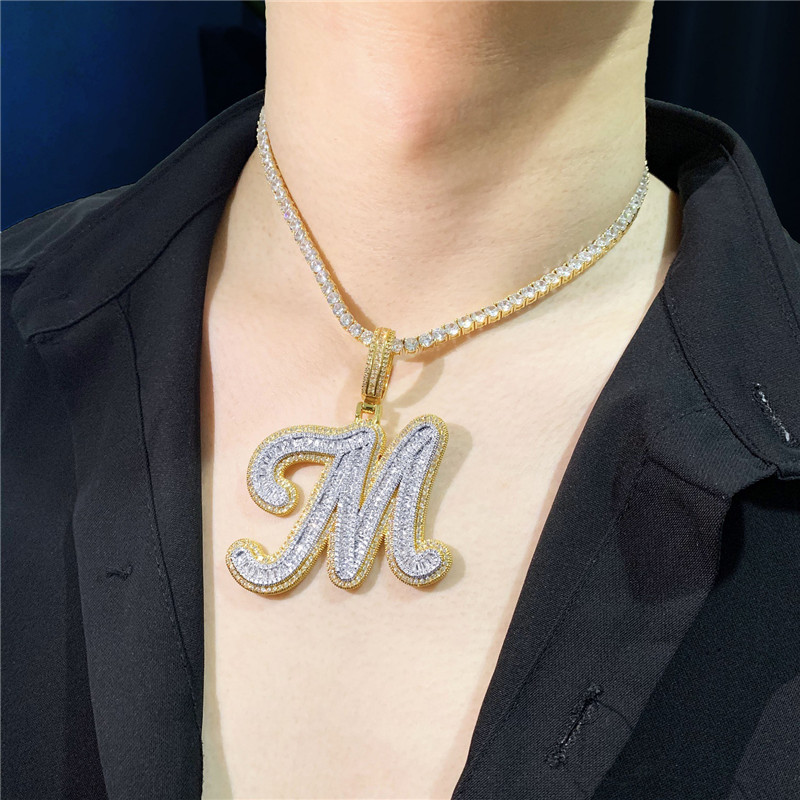 Custom AZ Cut Full Real Icy Baguette Cursive Letters Pendant Necklace Gold Silver Cubic Zirconia Men Women with 24inch Rope Chain