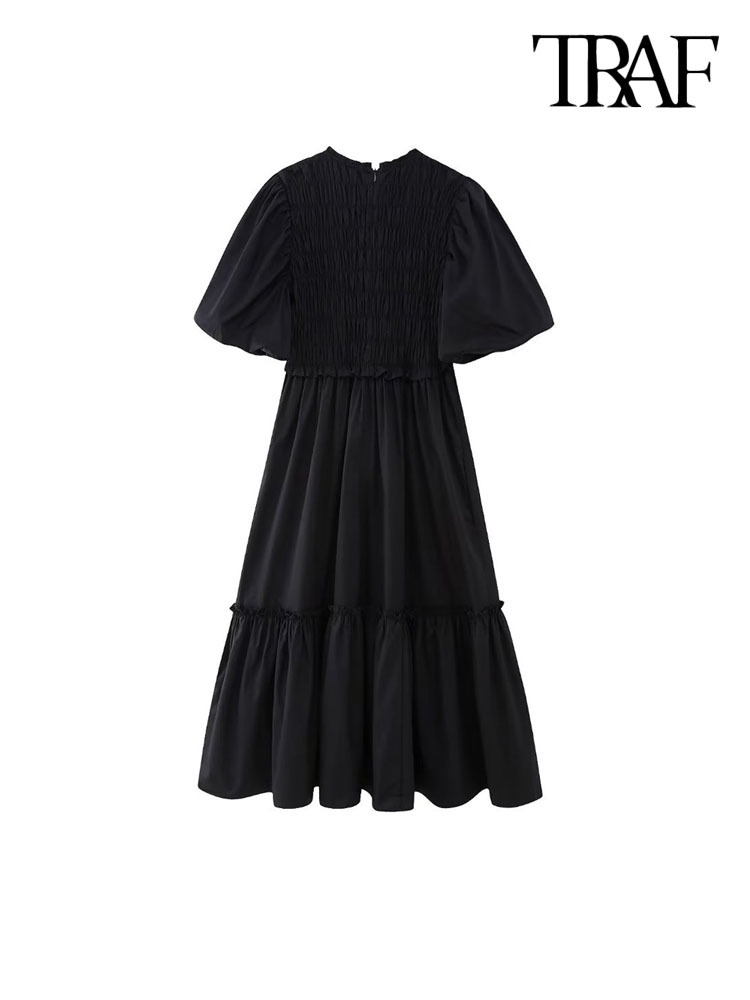 Party Dresses TRAF Women Fashion With Ruffles Poplin Midi Dress Vintage Short Sleeves Back Zipper Female Vestidos Mujer 221203