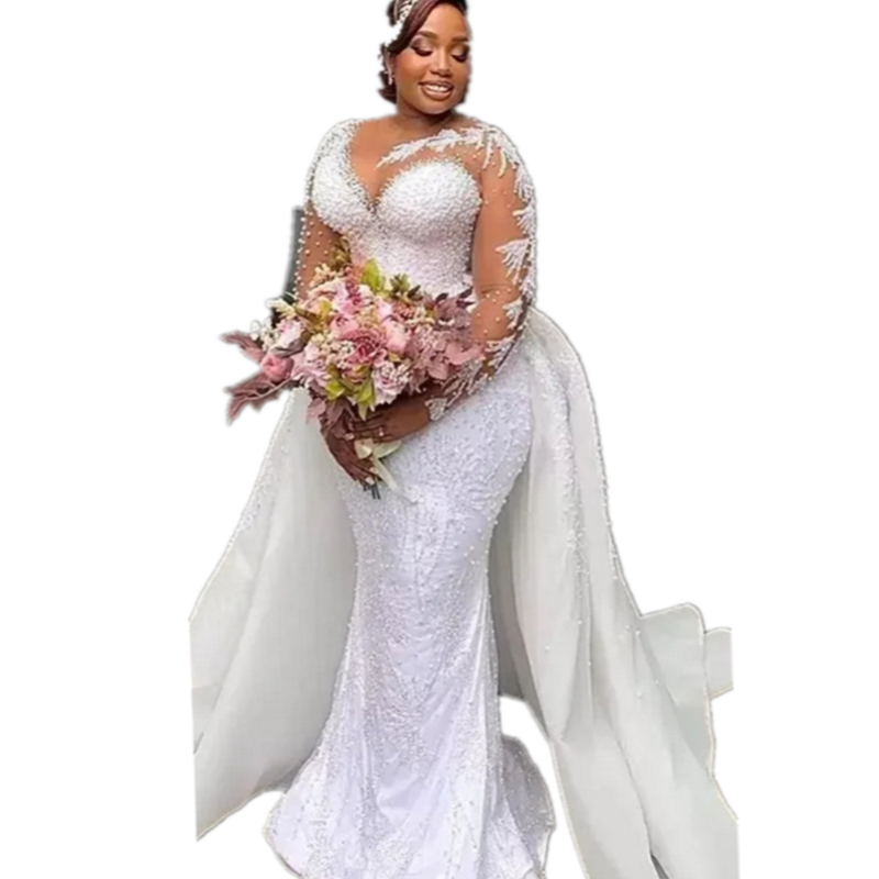 Luxurious Pearls Beading Mermaid Wedding Dresses Long Sleeves Jewel Neck African White Satin Bridal Gowns With Detachable Train Overskirts 2023 Vestid