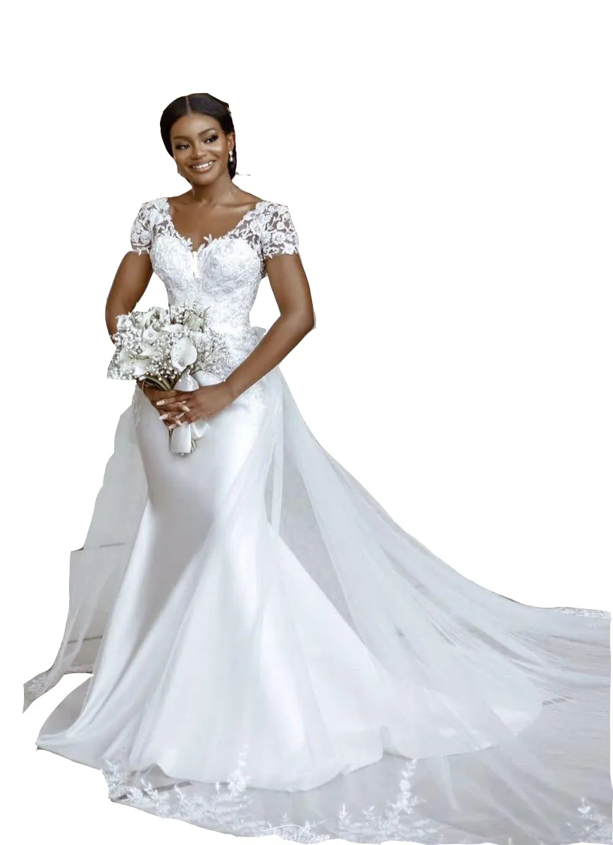 Elegant Short Sleeves Mermaid Wedding Dresses V-neck Floral Lace Appliques Long Satin Bridal Gowns Back Buttons 2023 African White Vestido De Novia