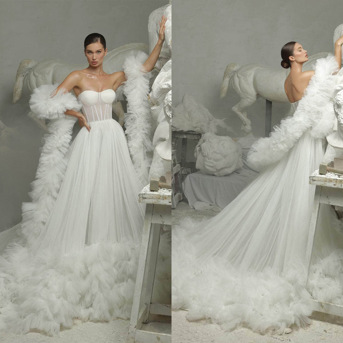 Tulle Evening Dresses Perspective Sheer Long Robe Puffy Tiered Ruffles Dress for Baby Shower Prom Party Wear Gowns