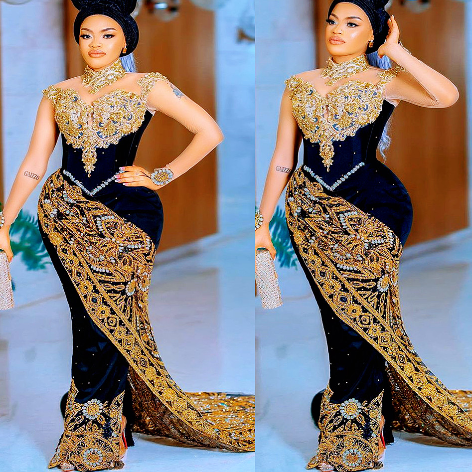 Aso Ebi Arabic Black Urious Prom Dresses Lace Beaded Crystals Evening Formal Party Second Reception Birthday Engagement Gowns Dress ZJ