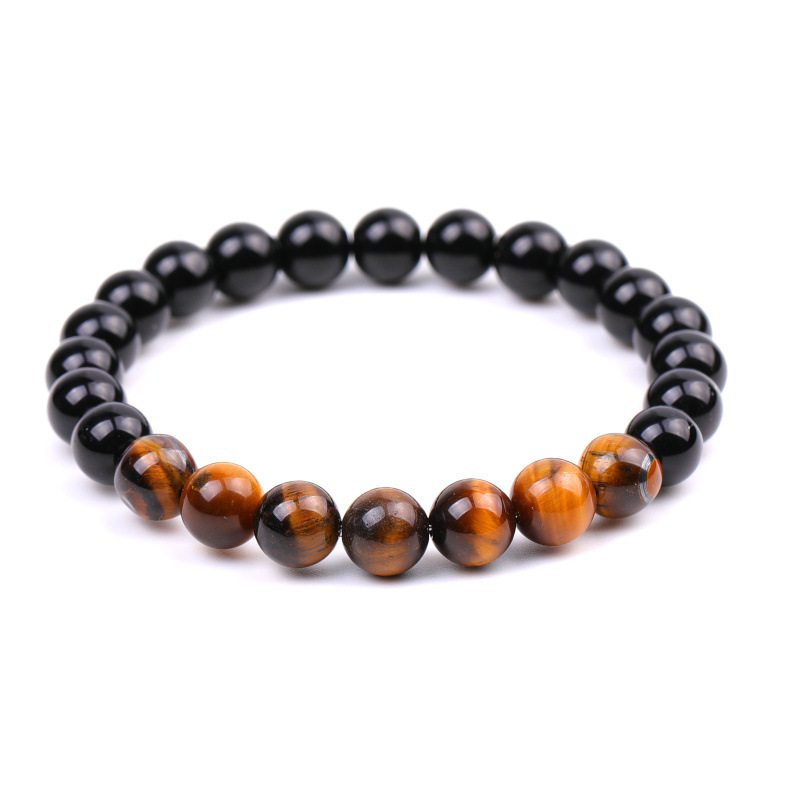 8MM Bright Black Natural Stone Tiger Eye Topaz Beads Bangles Bracelets for Women Men Yoga Jewelry
