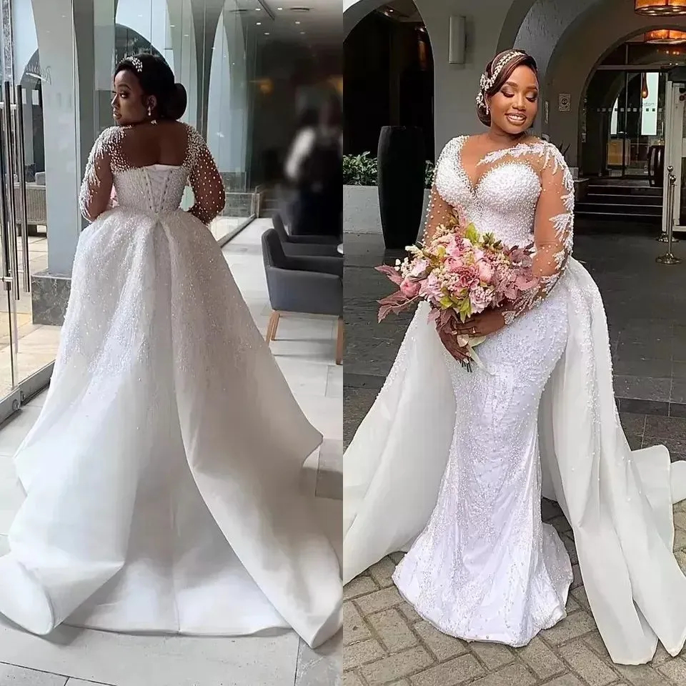 Luxurious Pearls Beading Mermaid Wedding Dresses Long Sleeves Jewel Neck African White Satin Bridal Gowns With Detachable Train Overskirts 2023 Vestid