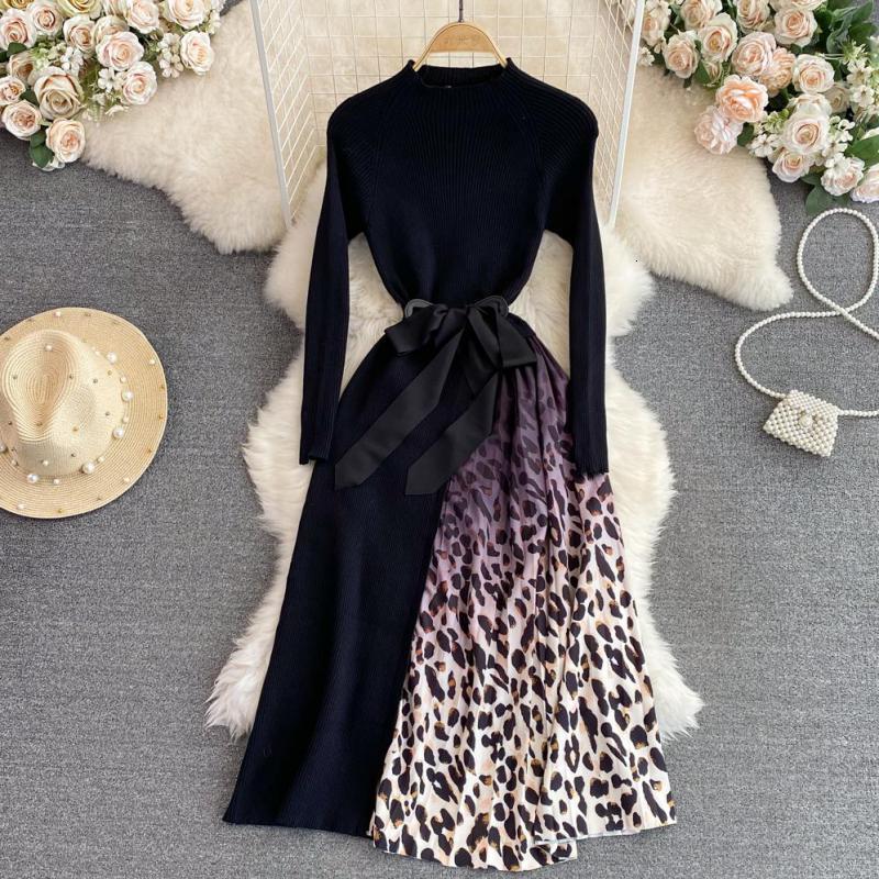Party Dresses Fashion Patchwork Printed Knitted Long Sleeve Dress Elegant Vintage Knit Sweater Midi Pleated Dress Slim Evening Party Dresses 221203
