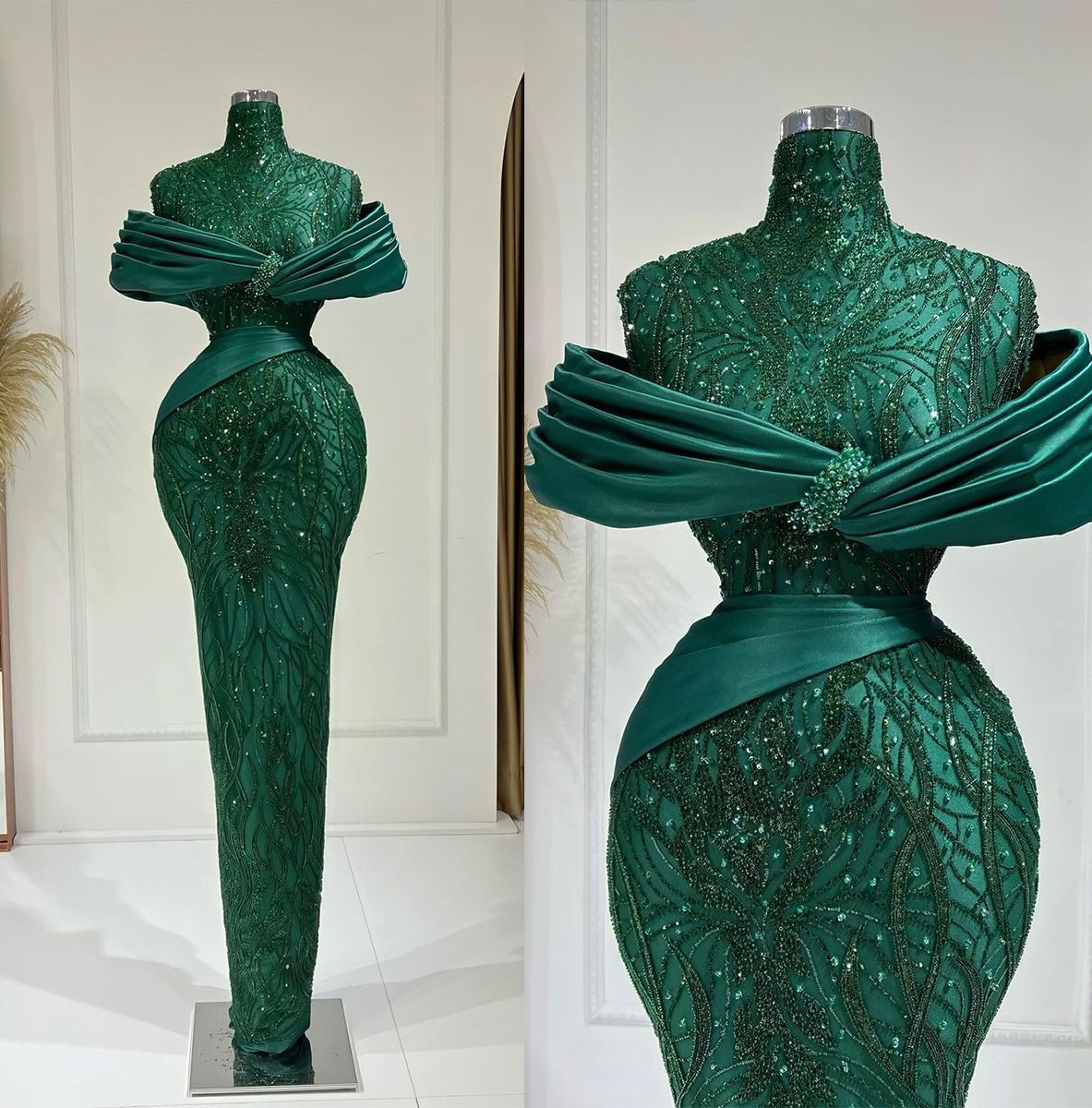 Vintage Emerable Green Prom Dresses High Neck Lace Mermaid Party Dresses Beaded Floor Length Custom Made Evening Dress
