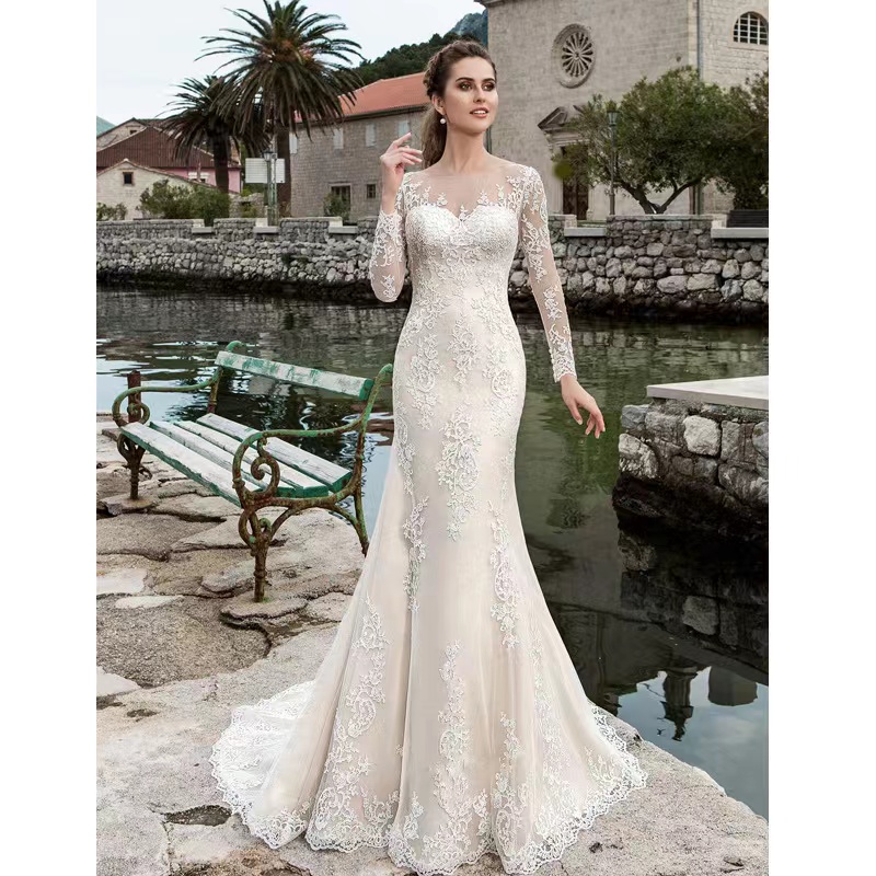 Exquisite Lace Appliques Mermaid Wedding Dresses Custom Made White Sweep Train Tulle Beach Elegant Plus Size Bridal Gowns 403