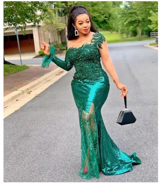 Designer Dark Green Evening Dresses Long Sleeves One Shoulder Mermaid Sequins Floor Length Plus Size Pleats Prom Gown Formal Custom Vestidos