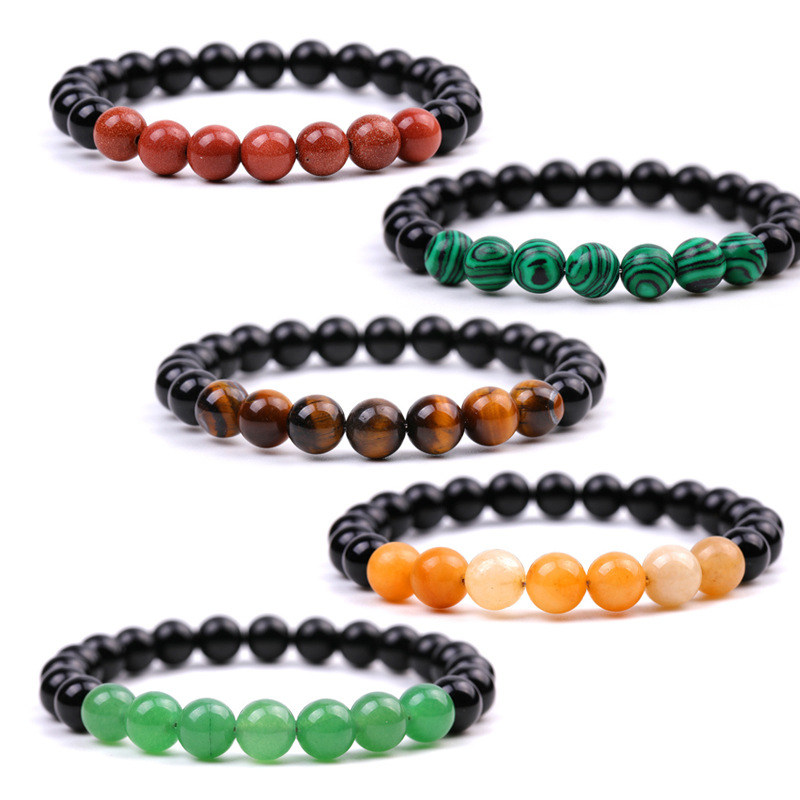 8MM Bright Black Natural Stone Tiger Eye Topaz Beads Bangles Bracelets for Women Men Yoga Jewelry