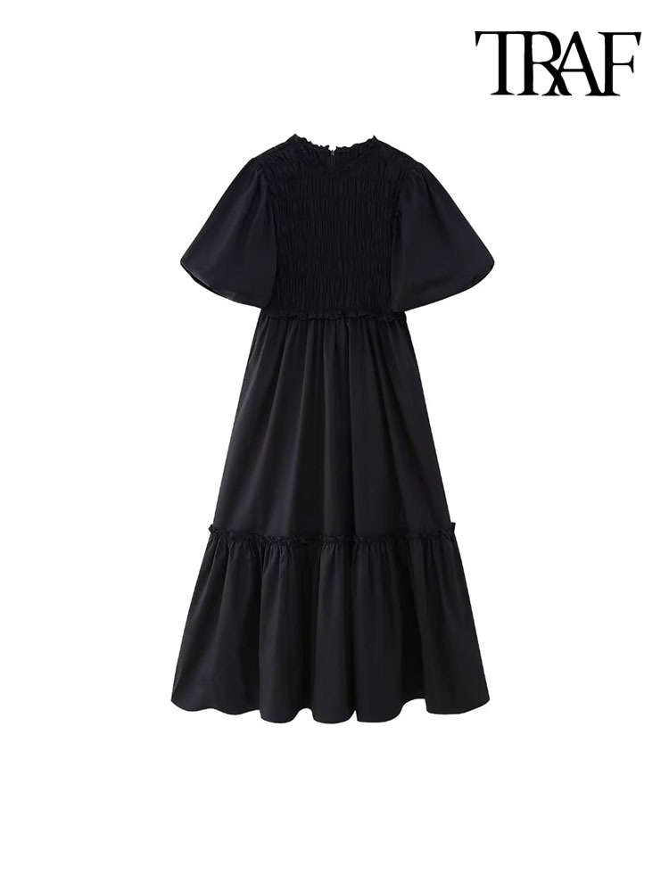 Party Dresses TRAF Women Fashion With Ruffles Poplin Midi Dress Vintage Short Sleeves Back Zipper Female Vestidos Mujer 221203