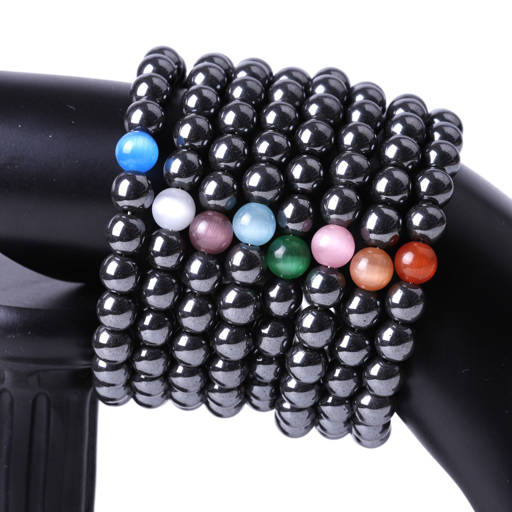 8mm Black Hematite Multicolored opal Beads Bracelet Bangles Bracelets for Women Men Yoga Jewelry