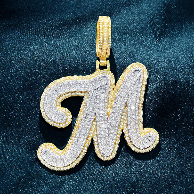 Custom AZ Cut Full Real Icy Baguette Cursive Letters Pendant Necklace Gold Silver Cubic Zirconia Men Women with 24inch Rope Chain