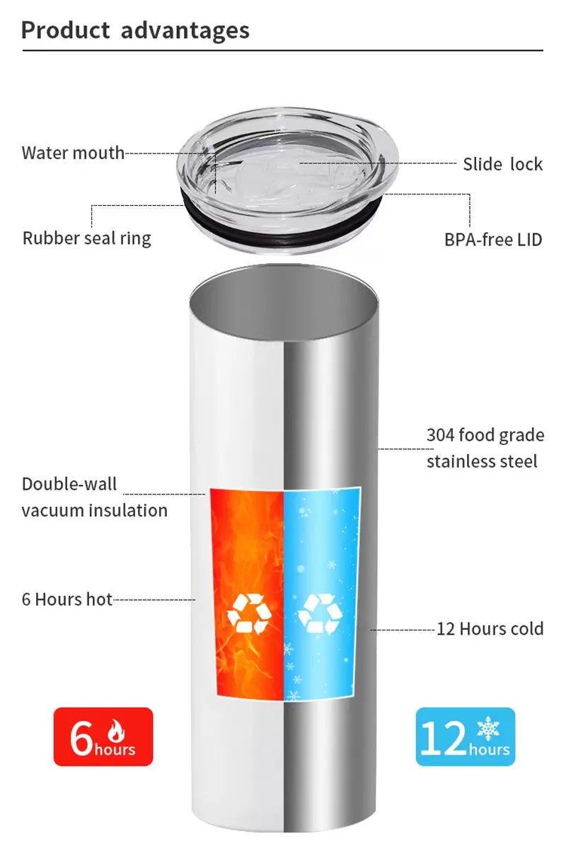 20oz Sublimation Straight Skinny Tumblers with Flat Edge Double Wall DIY Vacuum Insulated Heat Transfer Coffee Cup with Lid Z11