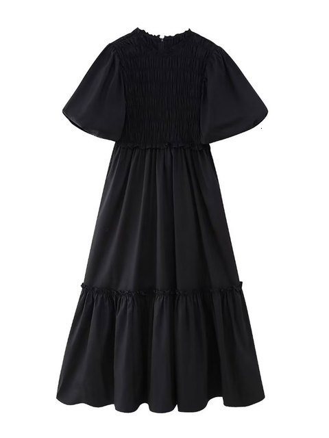 Party Dresses TRAF Women Fashion With Ruffles Poplin Midi Dress Vintage Short Sleeves Back Zipper Female Vestidos Mujer 221203