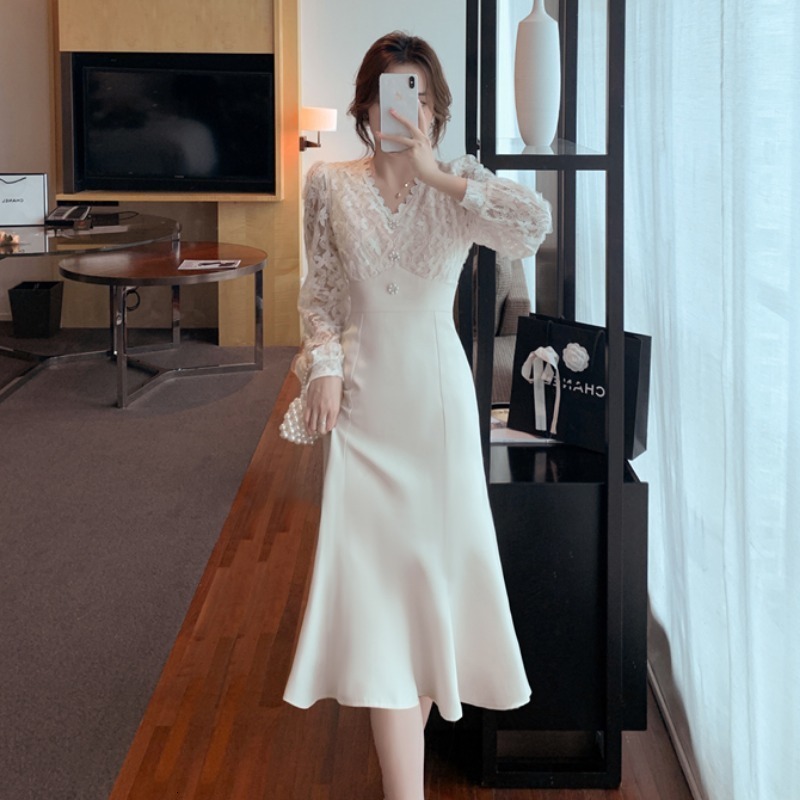 Party Dresses Elegant Long White Women French Vintage Vneck Lace Slim Y2K Spring Korean Casual Evening 2023 221203