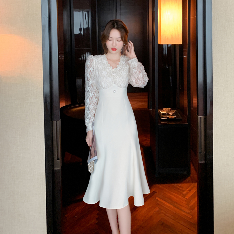 Party Dresses Elegant Long White Women French Vintage Vneck Lace Slim Y2K Spring Korean Casual Evening 2023 221203
