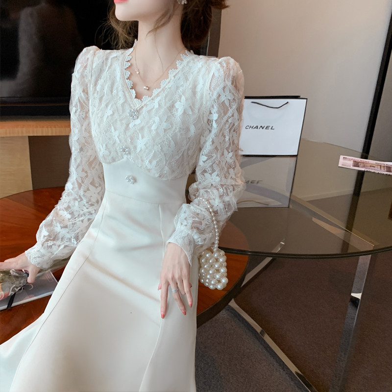 Party Dresses Elegant Long White Women French Vintage Vneck Lace Slim Y2K Spring Korean Casual Evening 2023 221203