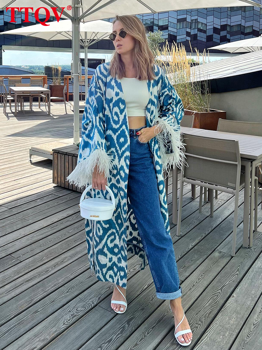 Party Dresses TTQV Casual Blue Print Dresses For Women Fashion Long Sleeve Feathers Laceup Dresses Elegant Vneck Midi Dress Streetwear 221203