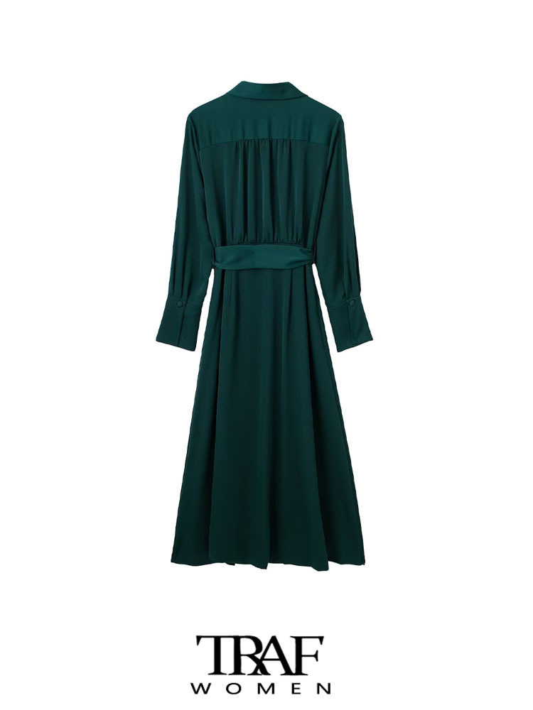 Party Dresses TRAF Women Fashion With Belt Pleated Midi Shirt Dress Vintage Long Sleeve Front Button Female Vestidos Mujer 221203