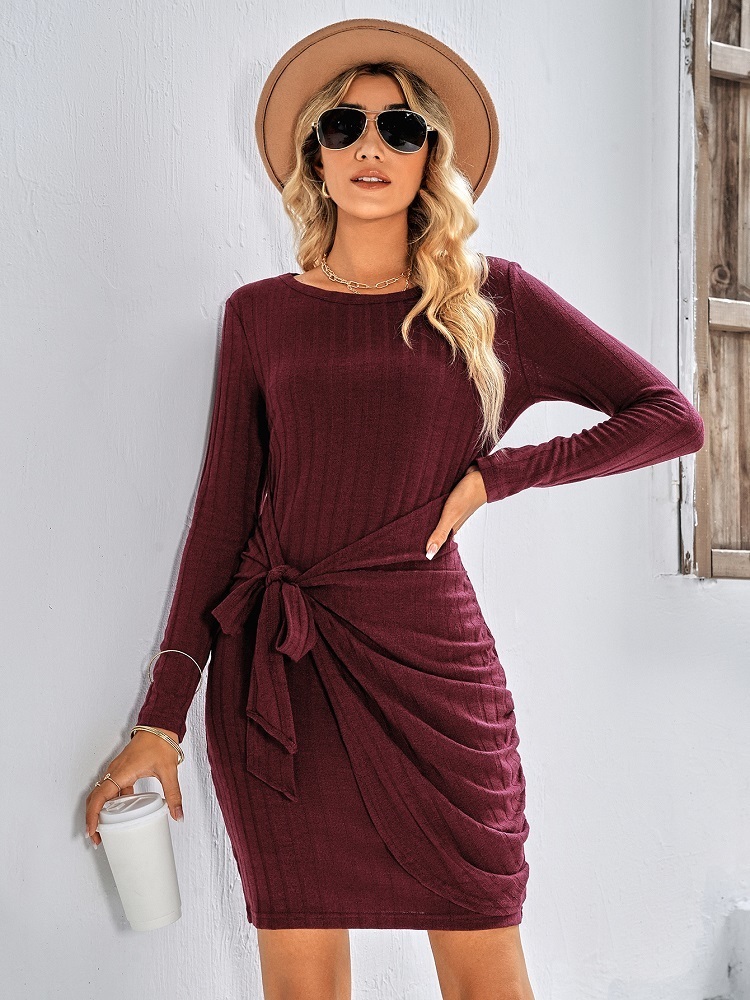 Party Dresses Chic Elegant Woman Long Sleeve Solid Color Ruched Short Tie Waist Knitted Bodycon Vestidos 221203