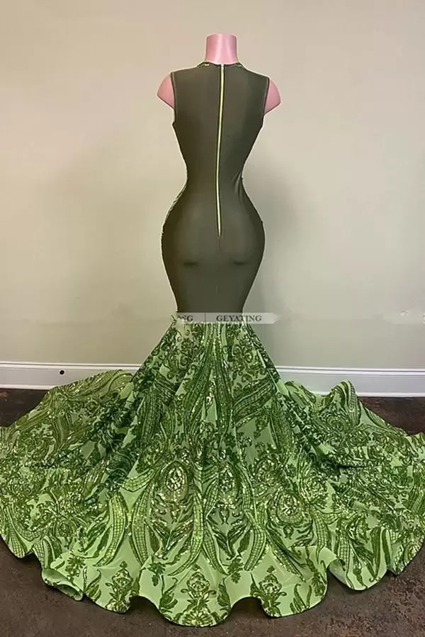 Sparkly Sequins Mermaid Prom Dresses Olive Green Black Girls Sexy Engagement Dress Jewel Neck Illusion Long Pageant Evening Gowns