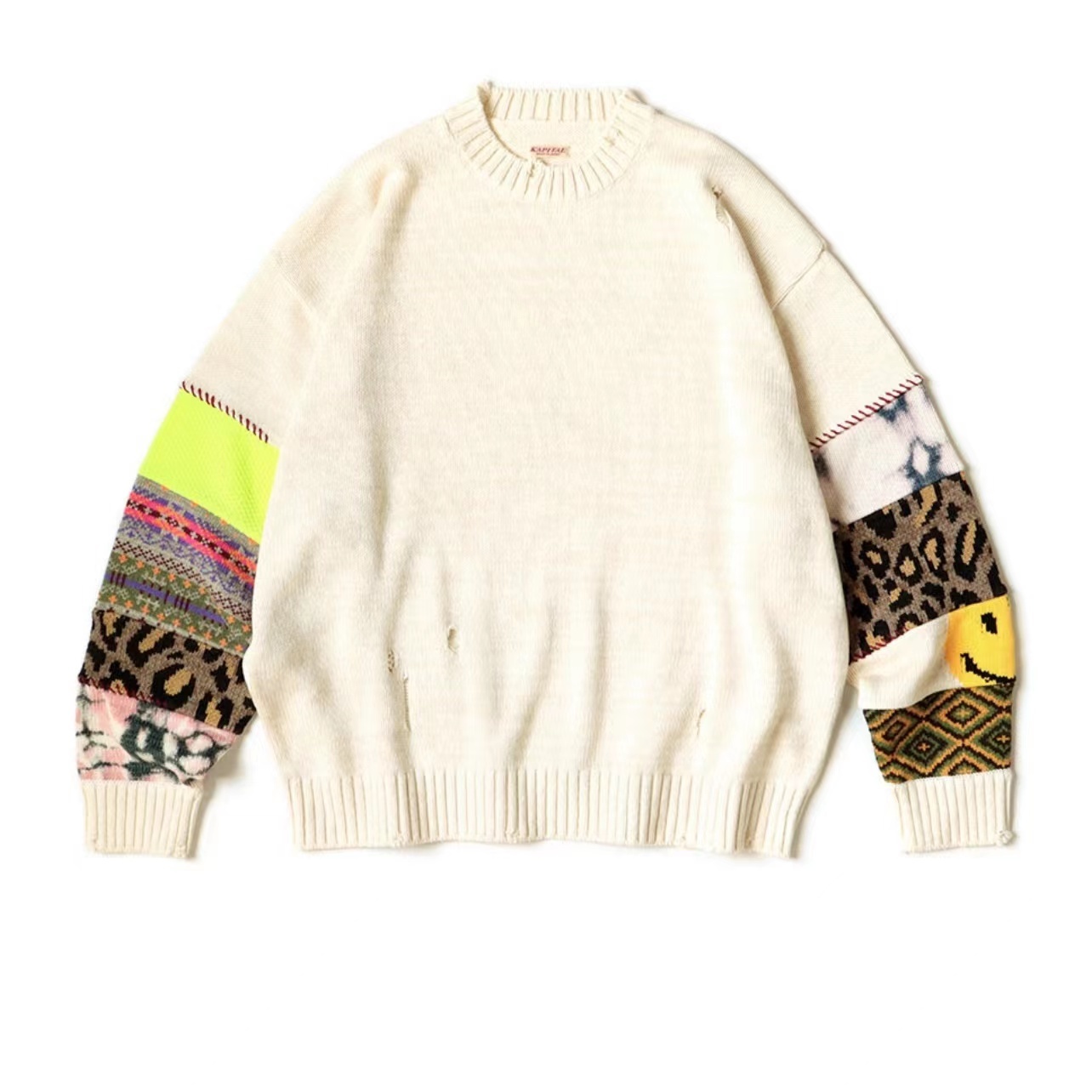 Men' Sweaters 22AW KAPITAL Japan Series Worn out Patchwork Sleeve Smiling Face Round Neck Women' Loose Knit Sweater Pullover 221206, Beige
Men' Sweaters 22AW KAPITAL Japan Series Worn out Patchwork Sleeve Smiling Face Round Neck Women' Loose Knit Sweater Pullover 221206, Beige