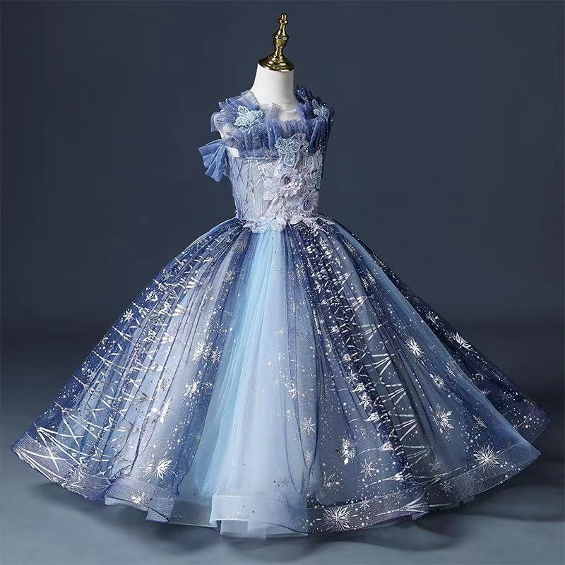 Blue Lovely Flower Girls Dresses Dubai Style Daughter Toddler Pretty Kids Pageant Formal First Holy Communion Gown For Country Garden Church 403
