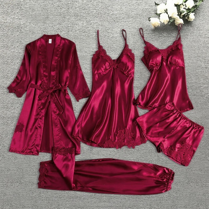 Womens Sleepwear 5pcs Suit Ladies Sexy Silk Satin Pajamas Set Female Lace Pyjama Spring Summer Home Wear Nightwear For Women 221206, Green1
Womens Sleepwear 5pcs Suit Ladies Sexy Silk Satin Pajamas Set Female Lace Pyjama Spring Summer Home Wear Nightwear For Women 221206, Green1