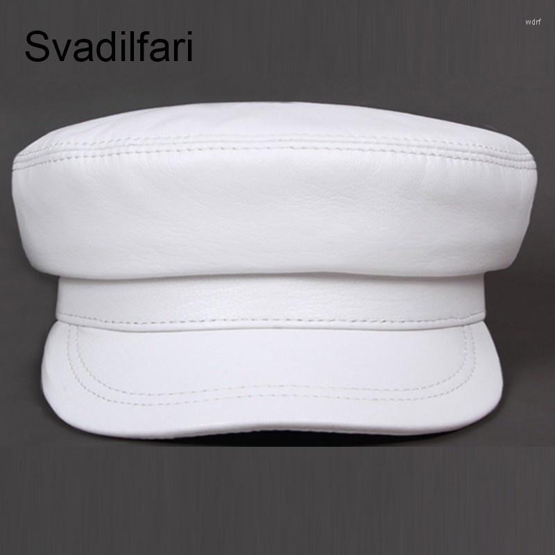 

Berets Real Fashion Leather Military Hat Spring Sailor For Women Men Black White Flat Top Female Travel Cadet Captain Cap