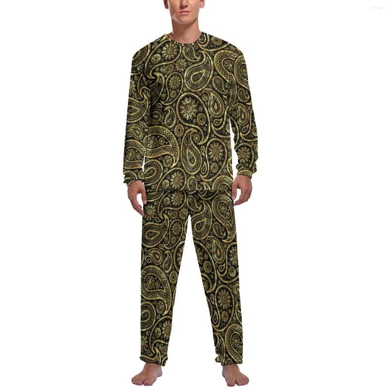 Men' Sleepwear Gold Paisley Print Pajamas Long-Sleeve Vintage Floral 2 Pieces Sleep Pajama Sets Autumn Men Graphic Elegant, Style-3
Men' Sleepwear Gold Paisley Print Pajamas Long-Sleeve Vintage Floral 2 Pieces Sleep Pajama Sets Autumn Men Graphic Elegant, Style-3