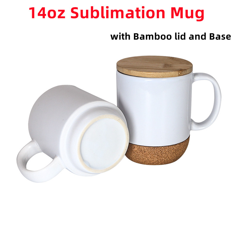 14oz Sublimation Ceramic Mugs with Bamboo Lids and Base Sublimation Blank Mugs White Coffee Mugs with Bamboo Bottom