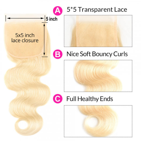 613 Blonde Straight Body Wave 5x5 Lace Closures Human Hair Pre Plucked Natural Hairline Bleached Knots
