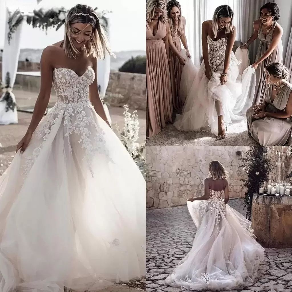 Sexy Sweetheart Tulle A e Wedding Dresses Romantic Lace Appliques Beaded Bohemian Country Bridal Gowns Open Back Sweep Train Second Reception Dress