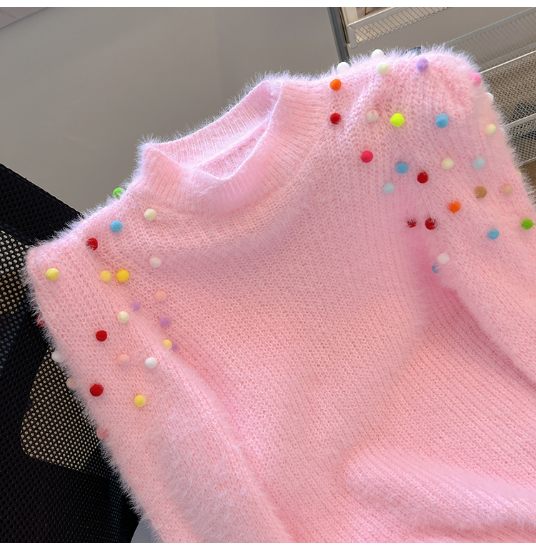 Womens o-neck shrug shoulder mohair wool knitted frill balls sweater tops SML