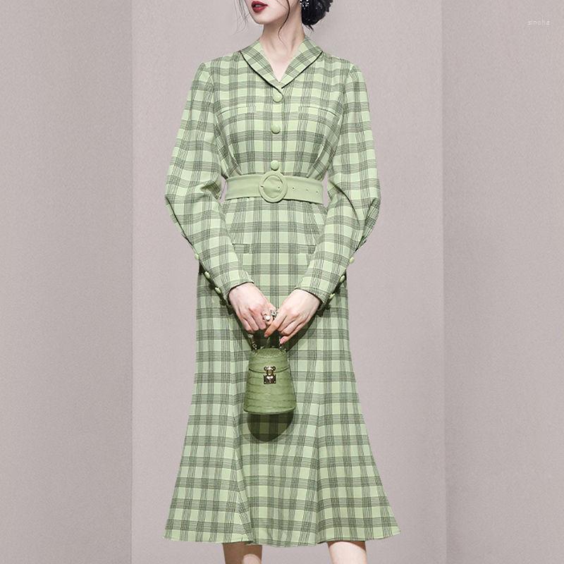 Casual Dresses Autumn Women Midi Long Plaid Dress Sleeve Fish Tail Single Breasted Belt Office Ladies, Green
Casual Dresses Autumn Women Midi Long Plaid Dress Sleeve Fish Tail Single Breasted Belt Office Ladies, Green