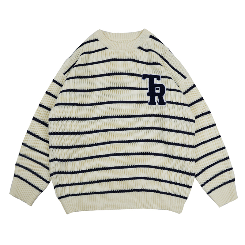 Men's Sweaters Harajuku Letter Embroidery Striped Round Neck Knitted Sweater Pullover Korean High Street Casual Oversize Couple 221206, Blue
