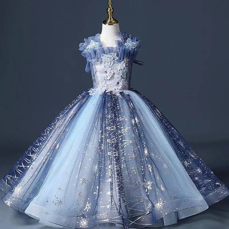 Blue Lovely Flower Girls Dresses Dubai Style Daughter Toddler Pretty Kids Pageant Formal First Holy Communion Gown For Country Garden Church 403