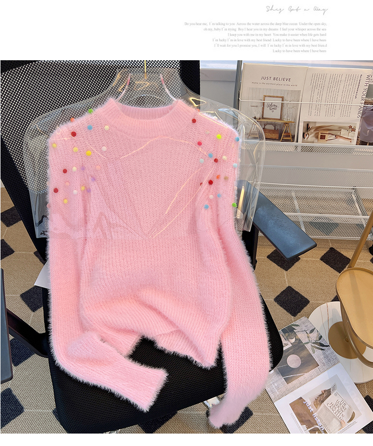 Womens o-neck shrug shoulder mohair wool knitted frill balls sweater tops SML