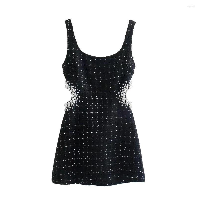 Casual Dresses Women Vintage Tweed Black Plaid Hollow Out Dress Female Pearl Decoration Slim Square Collar Mini