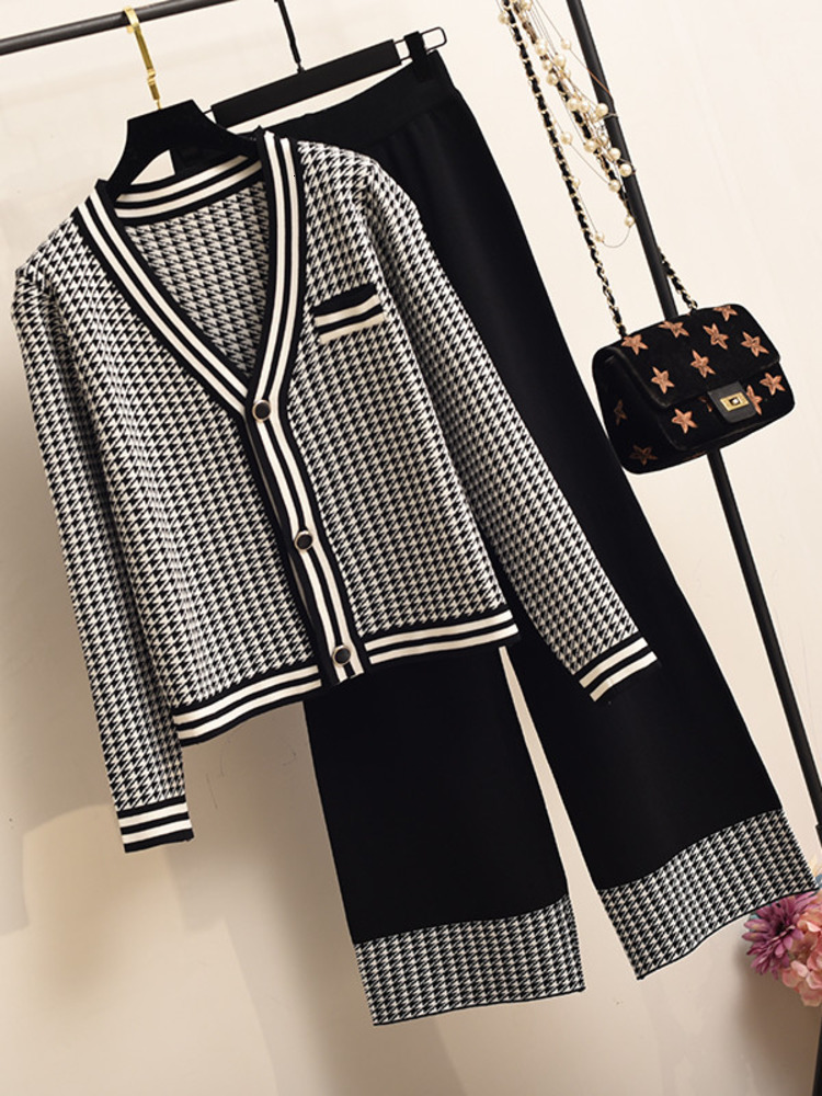 Womens Two Piece Pants Autumn Knit 2 Set Houndstooth Cardigan Sweater WideLeg Outfits Crop Top Trousers Suits 221206, Black
Womens Two Piece Pants Autumn Knit 2 Set Houndstooth Cardigan Sweater WideLeg Outfits Crop Top Trousers Suits 221206, Black