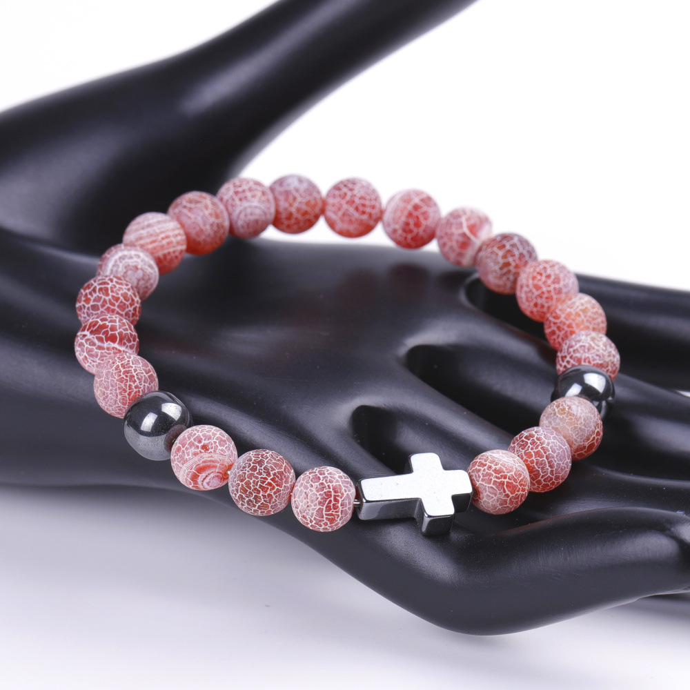 8mm Purple Blue Colorful Weathered Agate Hematite Beads Cross Bracelet for Women Men Yoga Jewelry