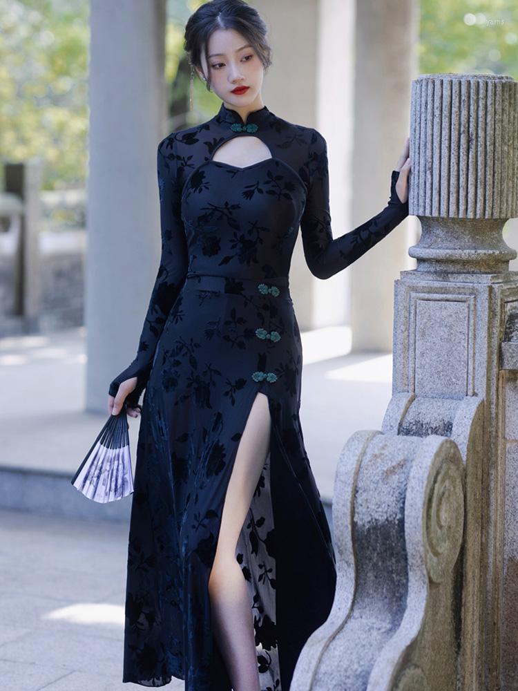 Casual Dresses RosEvans Retro Black Long-sleeved Cheongsam Improved Sexy Dress Feminine Slim Hollow Backless Temperament Slit Long
Casual Dresses RosEvans Retro Black Long-sleeved Cheongsam Improved Sexy Dress Feminine Slim Hollow Backless Temperament Slit Long