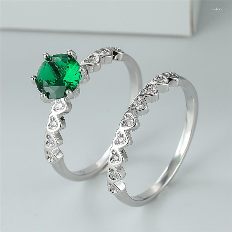 Wedding Rings Green Crystal Round Stone Engagement Trendy Silver Color Double Ring White Zircon Love Heart Set For Women Bride Sets
Wedding Rings Green Crystal Round Stone Engagement Trendy Silver Color Double Ring White Zircon Love Heart Set For Women Bride Sets
