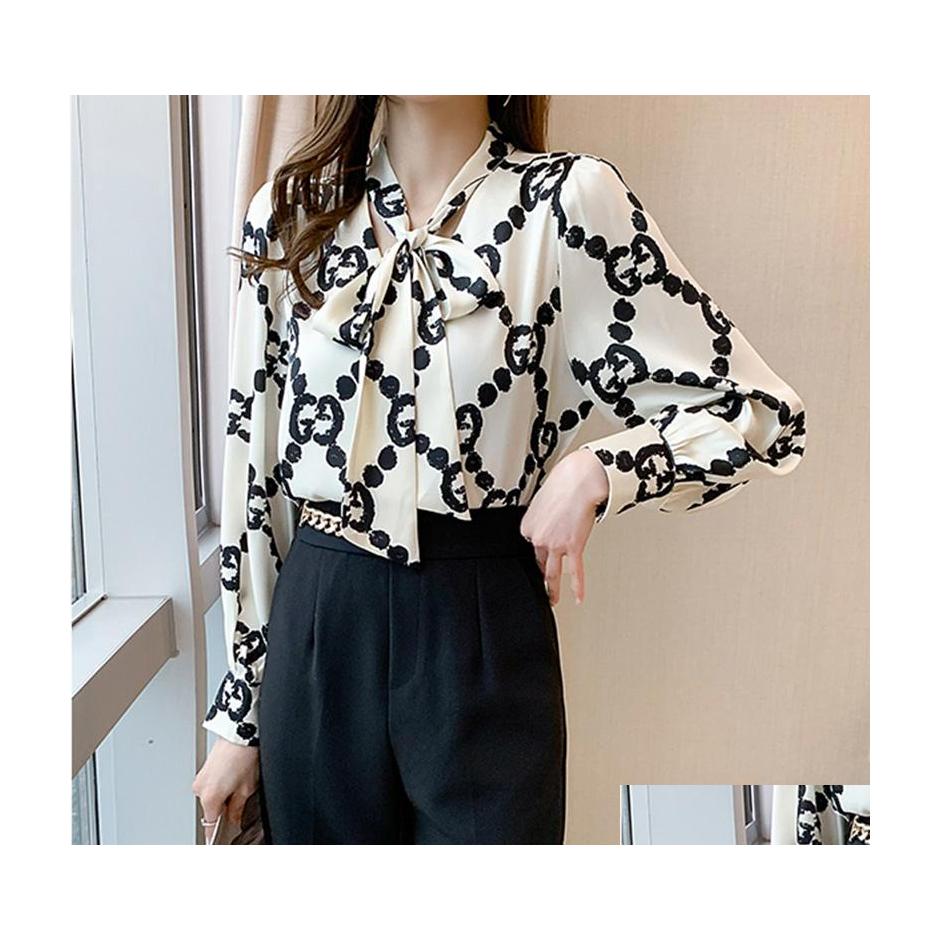 Women'S Blouses Shirts Laceup Bow Letter Print Women Shirt Lantern Long Sleeve Chiffon Blouse Vneck French Button Versatile Base L Dhnnz