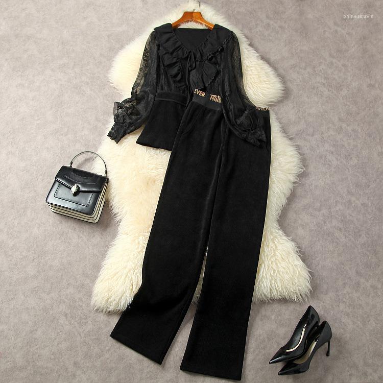 Women' Two Piece Pants European And American Women' Wear For Winter 2022 Long Sleeve Lace Ruffled Shirt Corduroy Wide-leg Fashion Suit, Black
Women' Two Piece Pants European And American Women' Wear For Winter 2022 Long Sleeve Lace Ruffled Shirt Corduroy Wide-leg Fashion Suit, Black