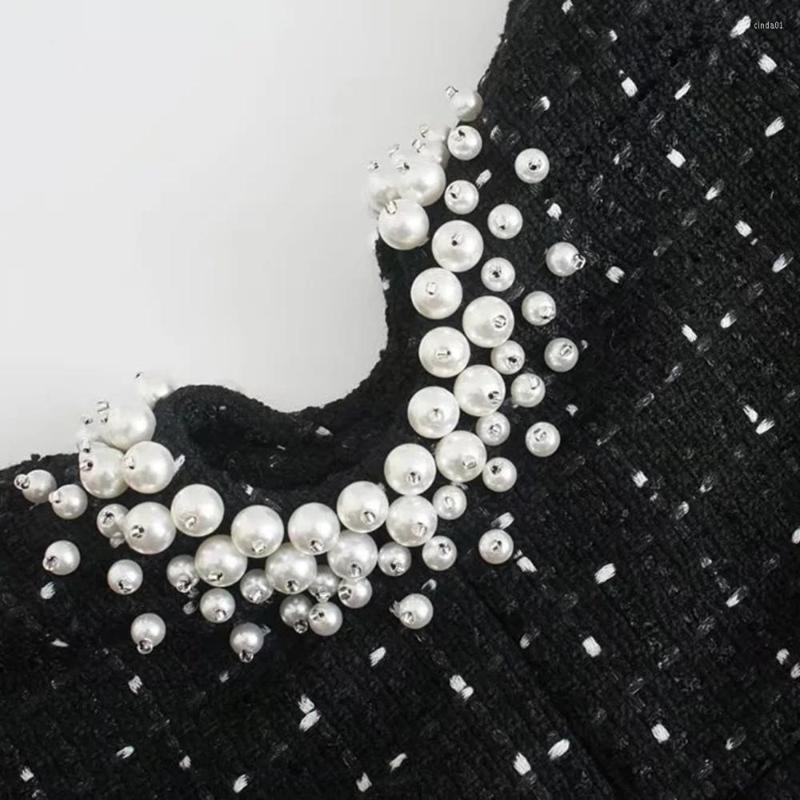 Casual Dresses Women Vintage Tweed Black Plaid Hollow Out Dress Female Pearl Decoration Slim Square Collar Mini