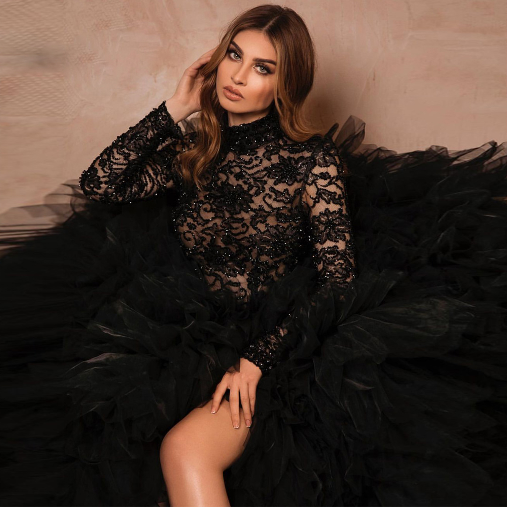 Prom Dress 2023 Ruffle Pleats Side Slit Black High Neck Pageant Gown for Special Occasions Lace Beading Top vestido de novia gala