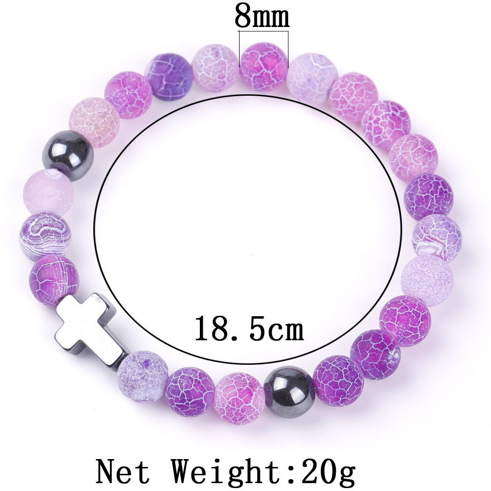 8mm Purple Blue Colorful Weathered Agate Hematite Beads Cross Bracelet for Women Men Yoga Jewelry