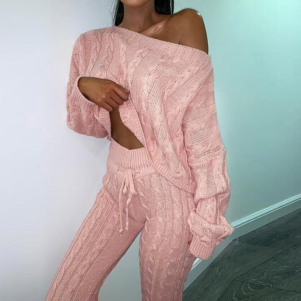 Womens Two Piece Pants 2pcsSet Autumn Winter Knitted Outfits Pant Suits Sexy One Shoulder Sweaters Skinny Set Tracksuits 221206, Rose red
Womens Two Piece Pants 2pcsSet Autumn Winter Knitted Outfits Pant Suits Sexy One Shoulder Sweaters Skinny Set Tracksuits 221206, Rose red