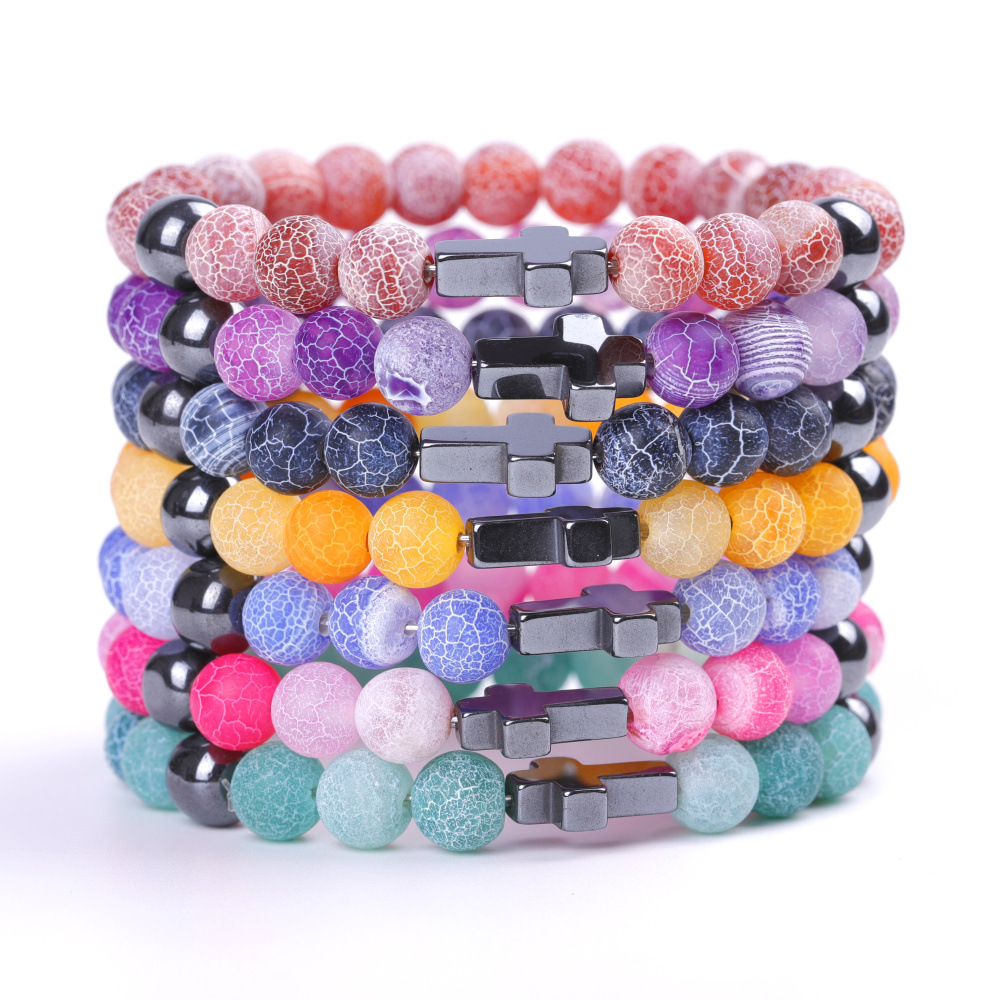 8mm Purple Blue Colorful Weathered Agate Hematite Beads Cross Bracelet for Women Men Yoga Jewelry